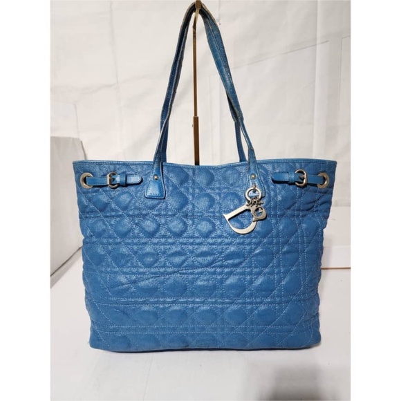 SOLD*Authentic CHRISTIAN DIOR Coated Canvas Cannage Medium Panarea Tote Bag Blue - Picture 1 of 16